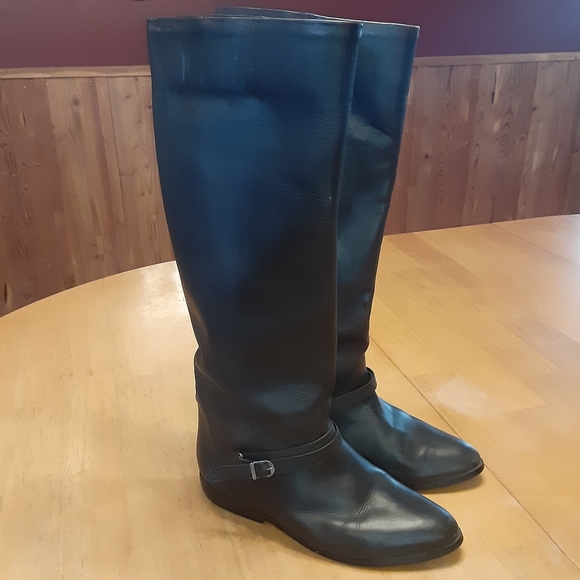 VINTAGE VIA MILANO BLACK KNEE HIGH 1" HEEL PULL ON LEATHER RIDING BOOTS WMS- 6B - Picture 3 of 15
